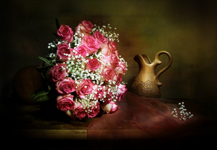 Bouquet of Pink Roses with Baby's Breath and a Jug