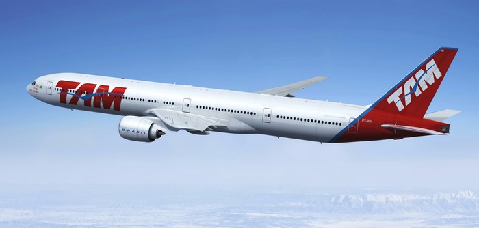 Boeing 777-300ER airplane in flight