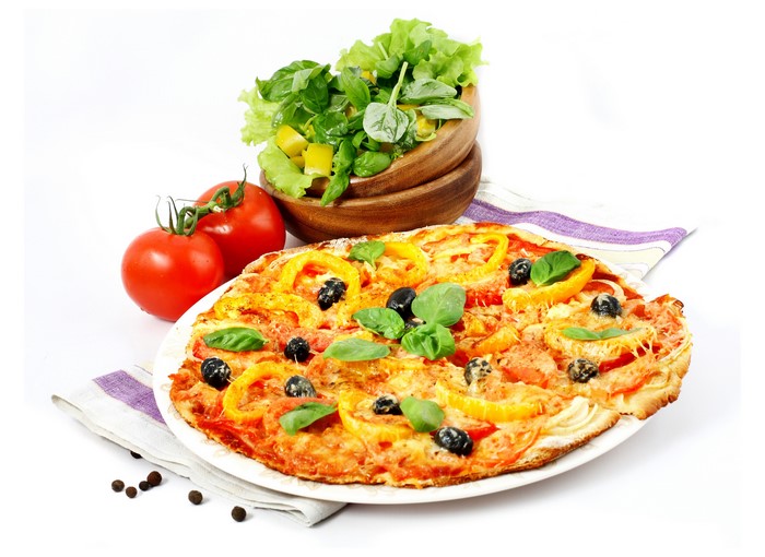 Pizza with Tomatoes, Olives, Peppers, and Salad