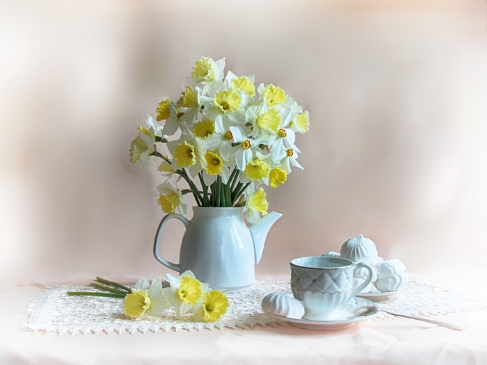 Delicate Daffodils and Tea Set Still Life