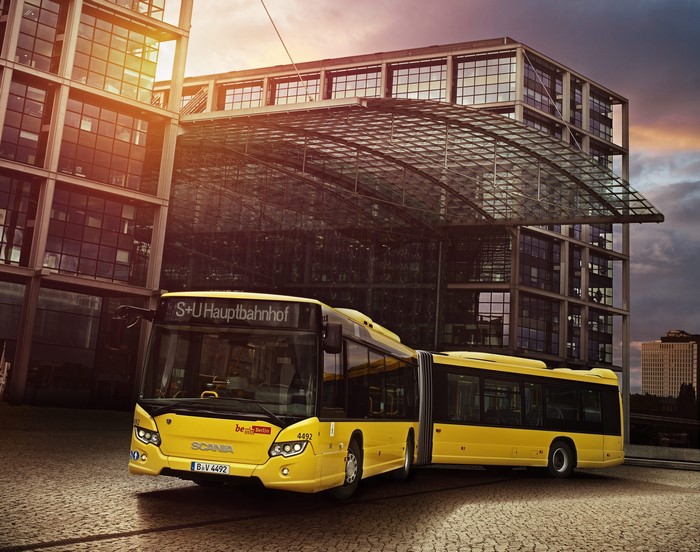 Yellow Scania articulated bus in Berlin