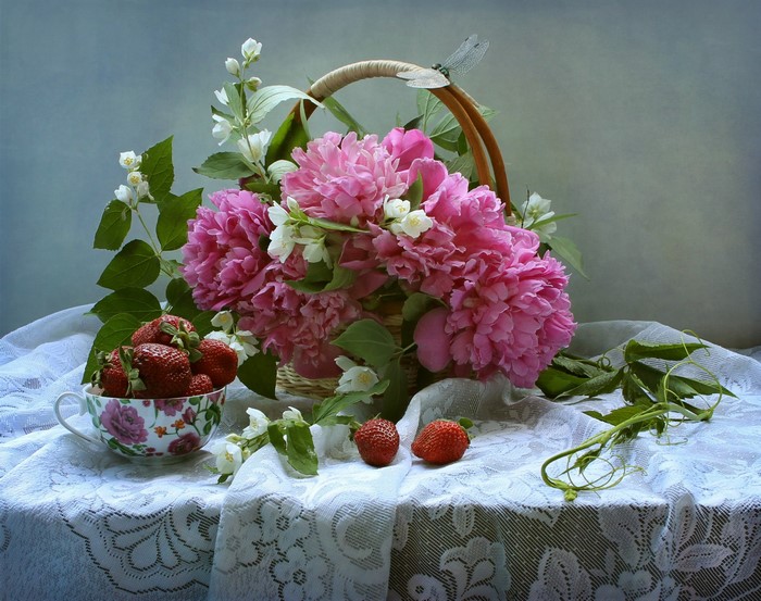 Still-life with Peonies, Strawberries, and a Dragonfly