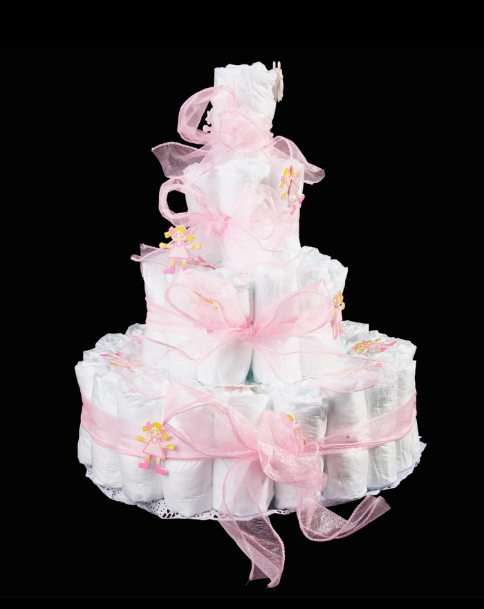 Diaper Cake with Pink Ribbons and Fairy Ornaments