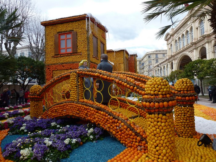 Lemon Festival in Menton, France with citrus sculptures