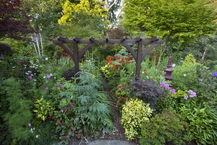 Garden with wooden pergola and flowers in England