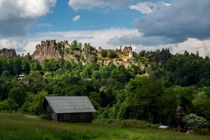 Castle Vranov in Czech Republic with houses and forest