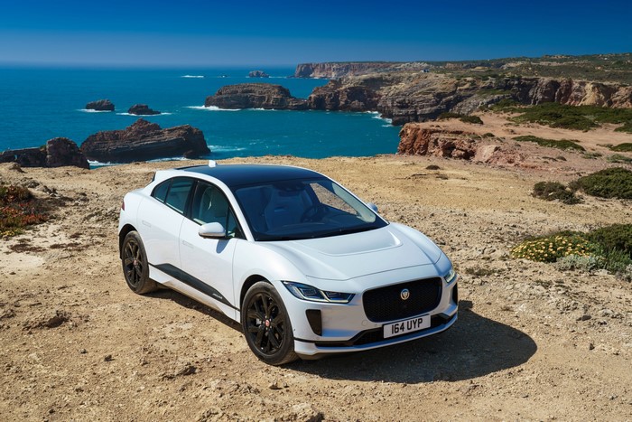 White Jaguar I-Pace EV400 AWD S on a cliff by the sea