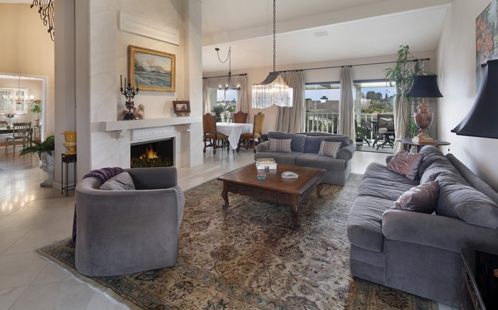 Living room with sofas, armchair, and fireplace