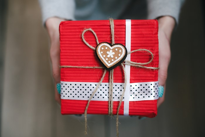 Red gift box with heart decoration