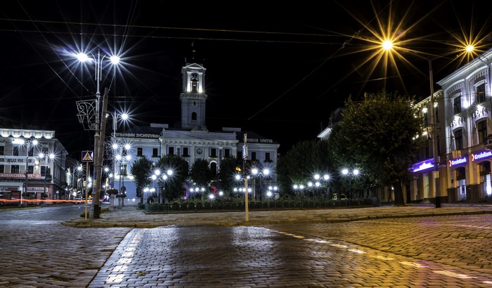 Chernivtsi City Hall at night, Ukraine