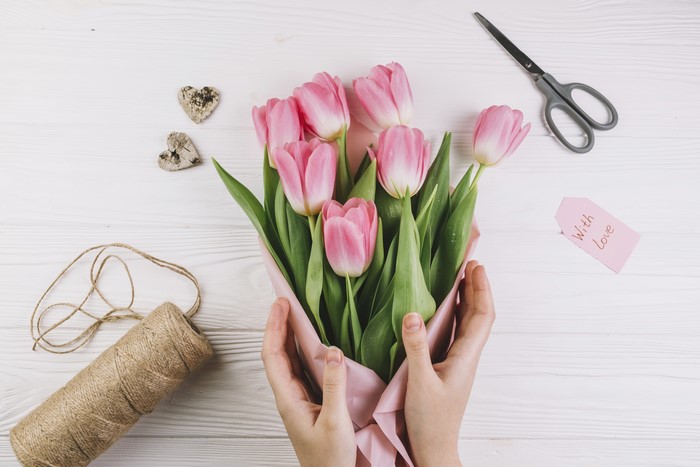 Pink Tulips with Hands and Gift Tag
