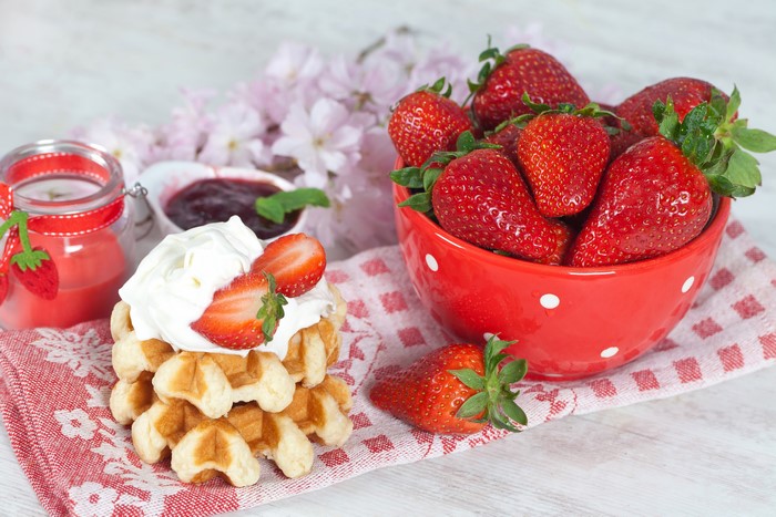 Strawberries, Waffles, Cream, and Jam