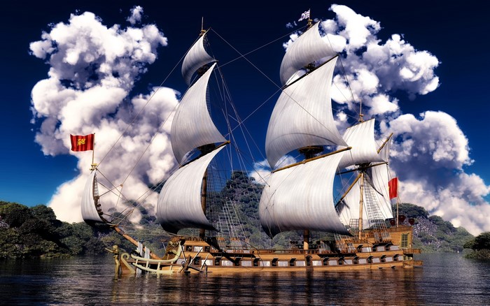 Sailing ship on the water with clouds and trees
