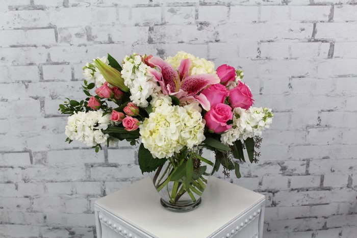 Pink Roses, Lilies, Hydrangea, and Stock Flower Bouquet