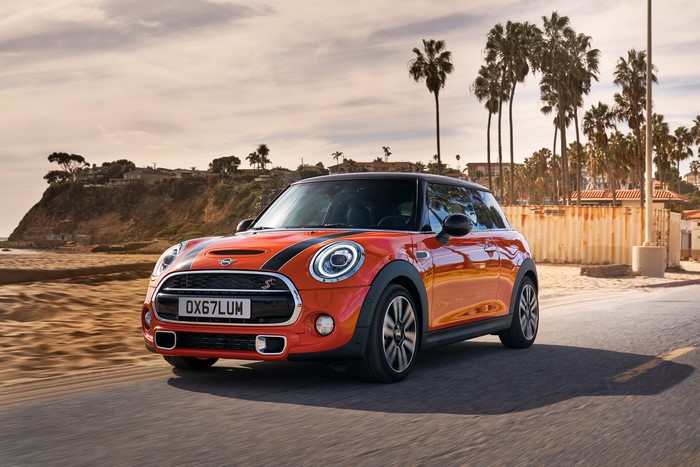Orange 2018 Mini Cooper S on a Coastal Road