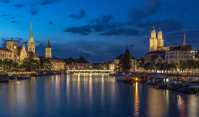Zurich Switzerland Riverfront at Dusk