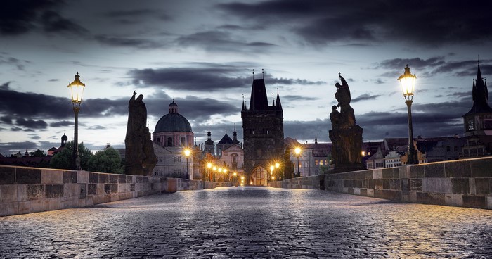 Charles Bridge at night in Prague, Czech Republic