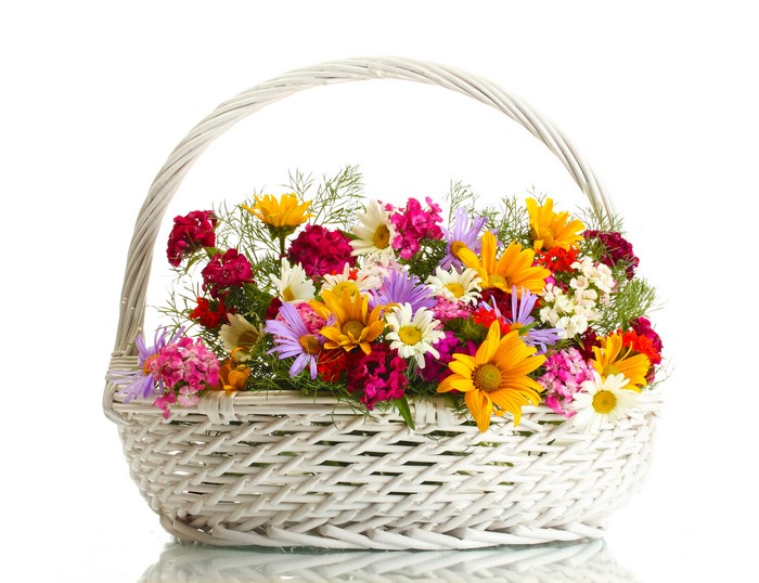 Colorful flowers in a white wicker basket