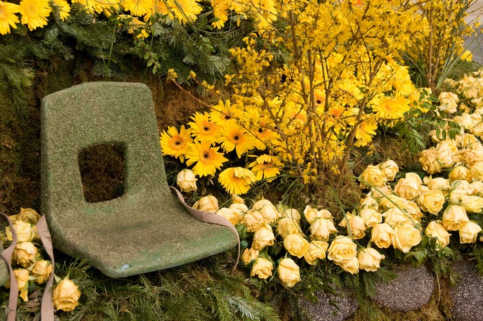 Green seat surrounded by yellow roses and gerberas