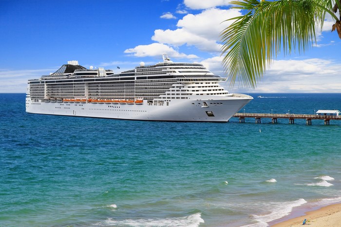 Cruise liner docked at a pier with a palm tree in the foreground