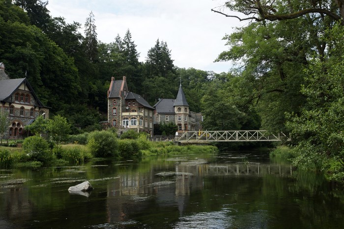 Houses and bridge over river in Treseburg, Germany