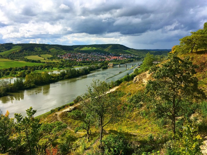 River and town on a hill in Bavaria, Germany