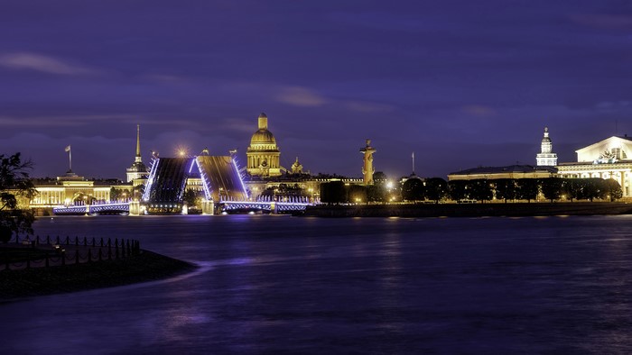 Palace Bridge and St. Petersburg skyline at night