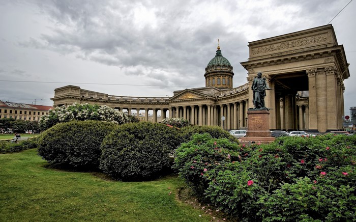 Kazan Cathedral and monument in St. Petersburg, Russia