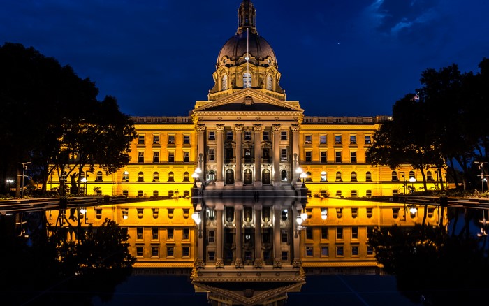 Alberta Legislature Building at Night with Reflection