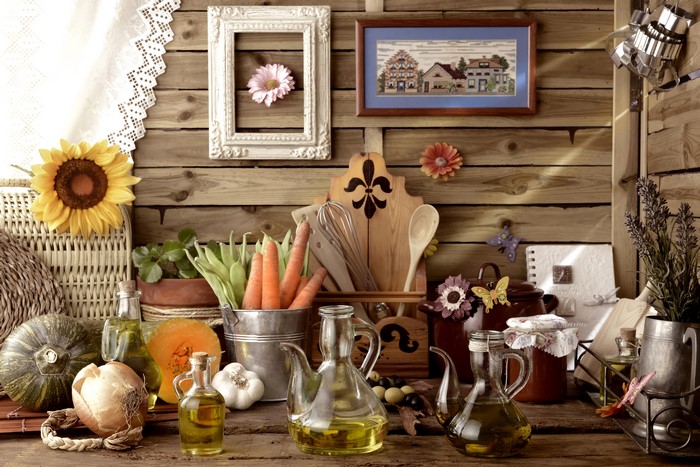 Still-life with vegetables, sunflowers, and oil jugs