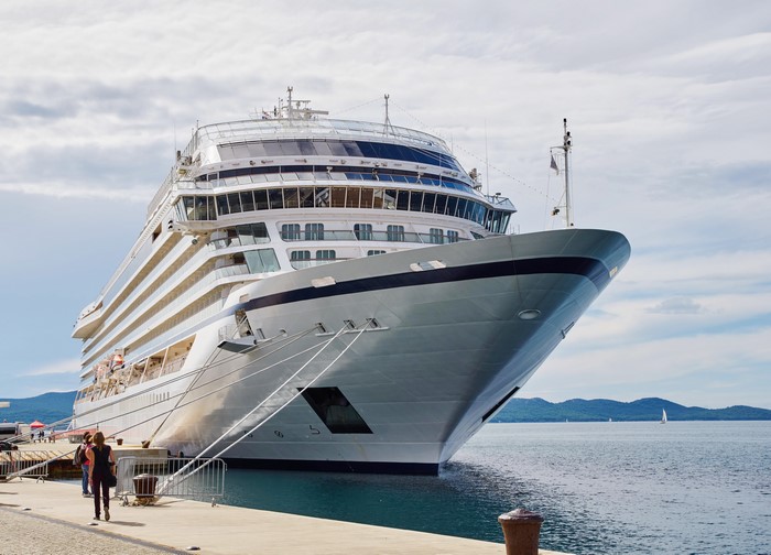 Cruise liner docked at a marina