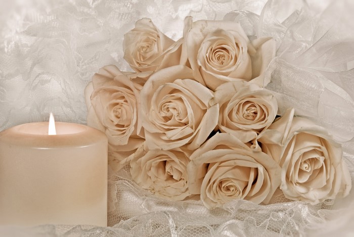 Cream Roses and Candle on Lace