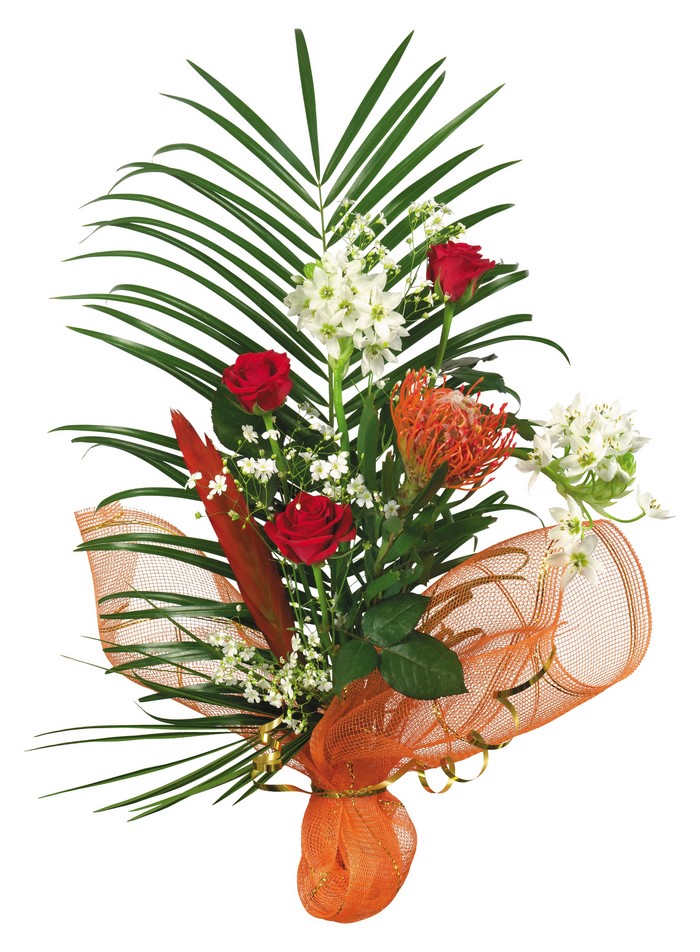 Bouquet of red roses and white flowers with palm leaves
