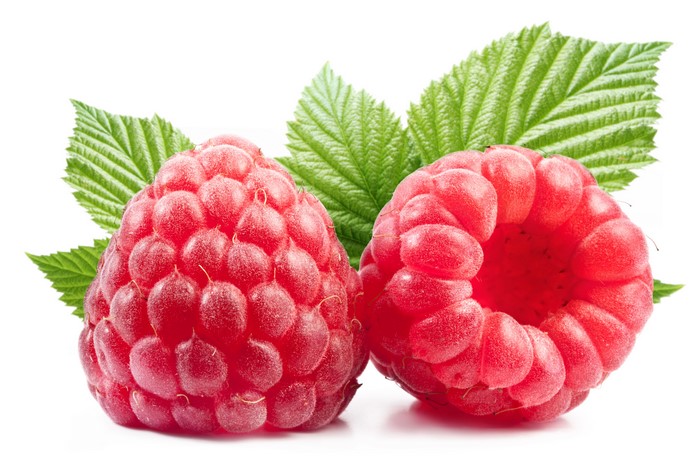 Two Raspberries with Leaves