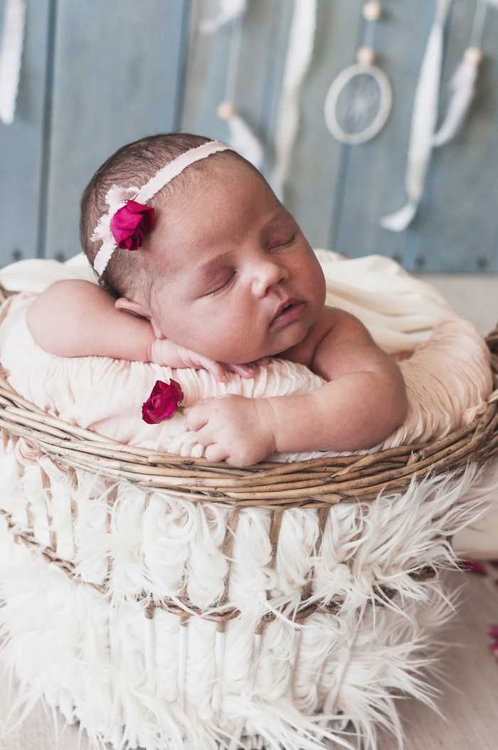 Newborn baby sleeping in a basket with roses