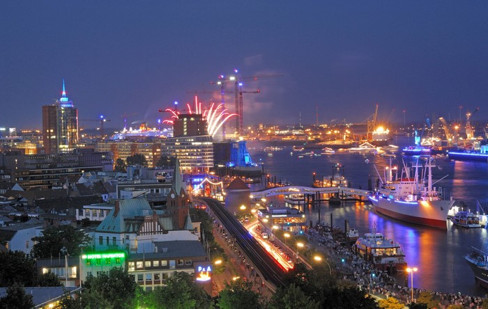 Hamburg Harbor at Night with Fireworks
