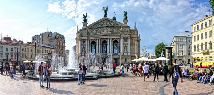 Lviv Opera House and fountain in town square, Ukraine
