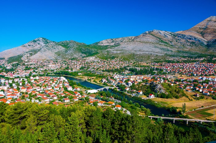 Trebinje, Bosnia and Herzegovina with river and mountains