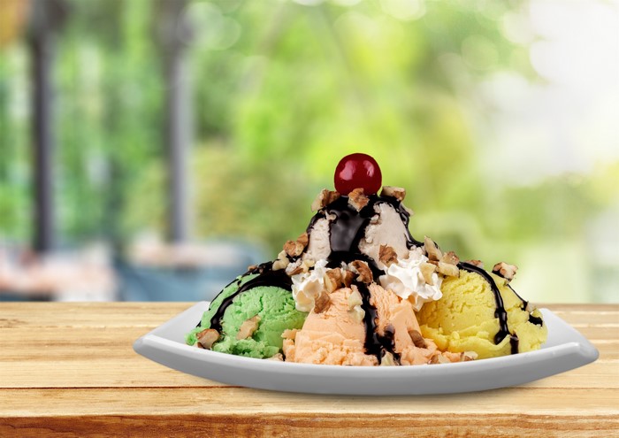 Ice cream sundae with chocolate and nuts