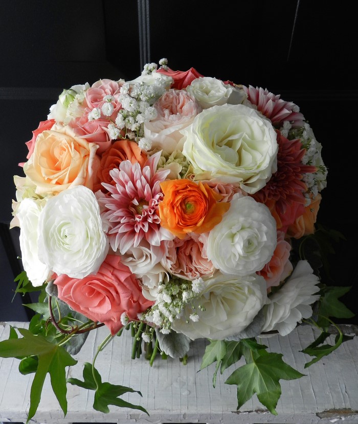 Bouquet of Roses, Dahlias, and Ranunculus with Greenery