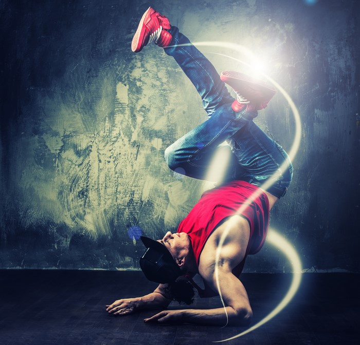 Man breakdancing on hands with legs up