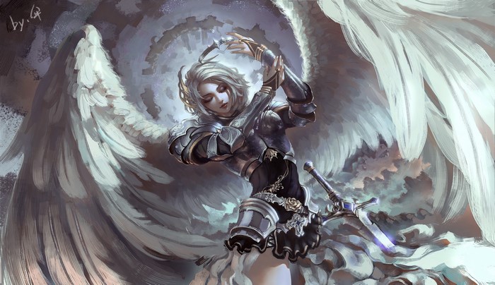 Angel warrior with sword and wings