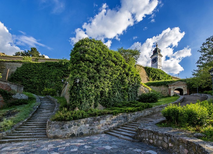 Petrovaradin Fortress clock tower and stairs in Novi Sad, Serbia