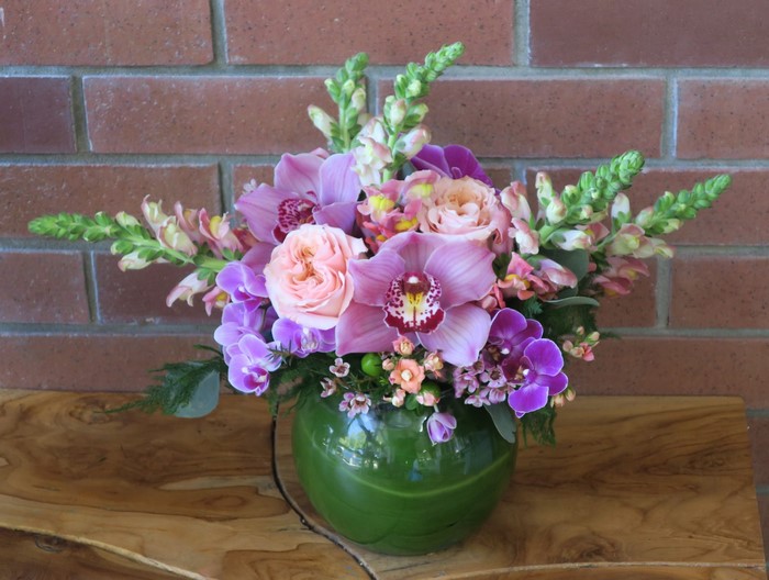 Orchid and Rose Bouquet in Green Vase
