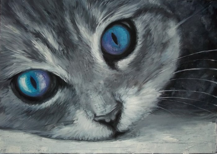 Painting of a cat with bright blue eyes