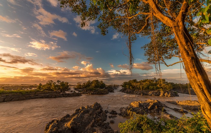 4K Laos Tropics River Sunset with Trees