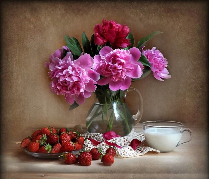 Still-life with Peonies, Strawberries, and Milk