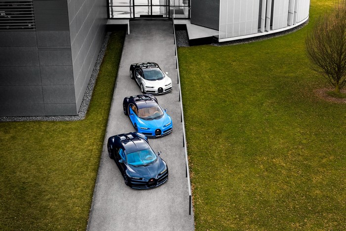 Three Bugatti Chiron cars from above