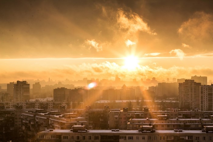 Sunrise over Kiev, Ukraine with apartment buildings