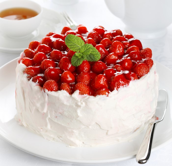 Strawberry Cake with Whipped Cream and Mint